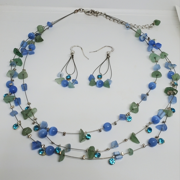 FINAL DROP!! Blue & Green Multi Wire Chain Beaded Necklace & Dangle Earrings Set - Picture 3 of 8